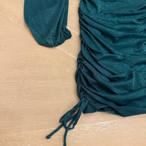 Jump Emerald Teal Shimmering Long Sleeve Ruched Dress Hoco dance - Picture 3 of 9
